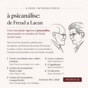 Capa do Curso Introdutório à Psicanálise de Freud a Lacan com ilustração minimalista de Freud e Lacan e identidade visual do Instituto RSI.