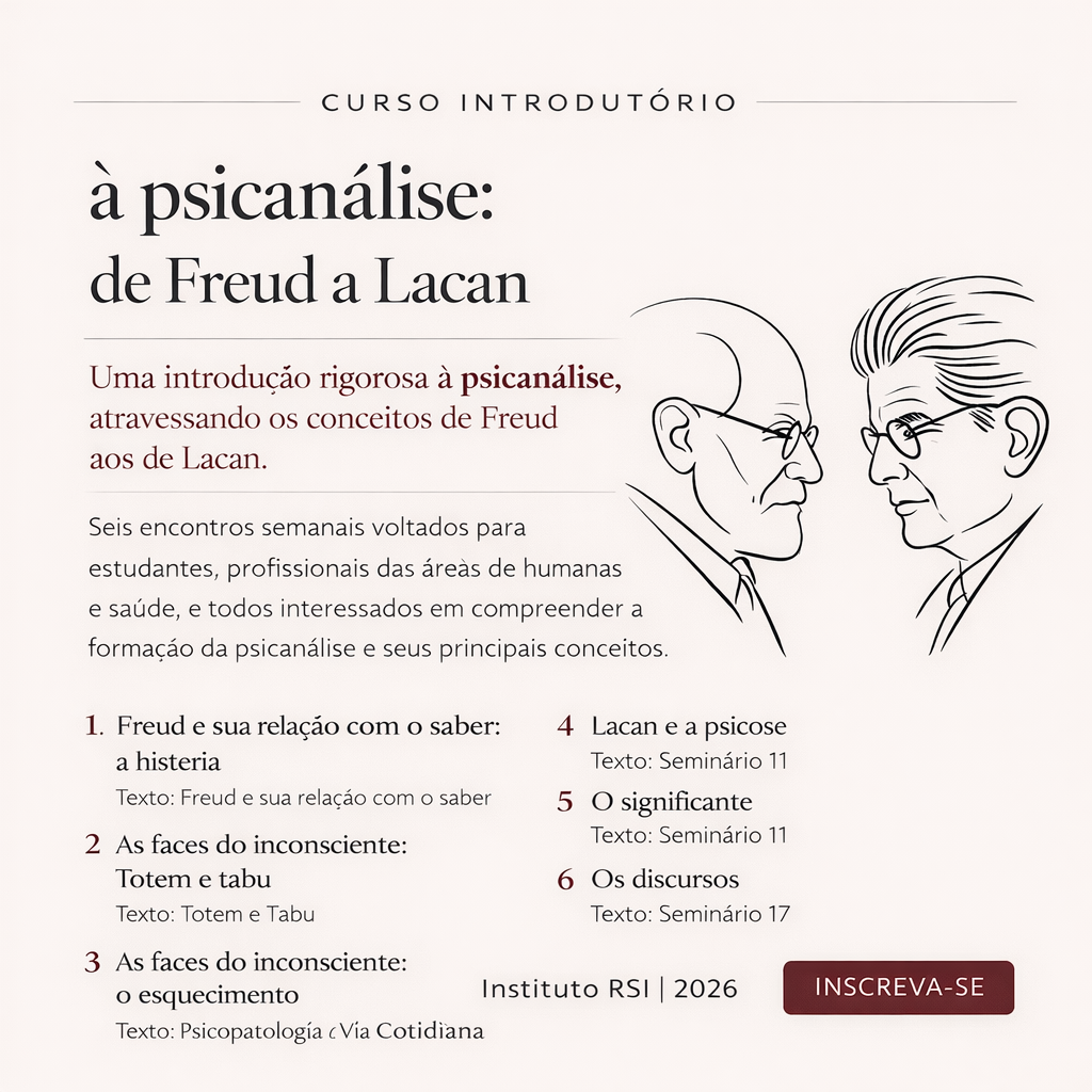 Capa do Curso Introdutório à Psicanálise de Freud a Lacan com ilustração minimalista de Freud e Lacan e identidade visual do Instituto RSI.