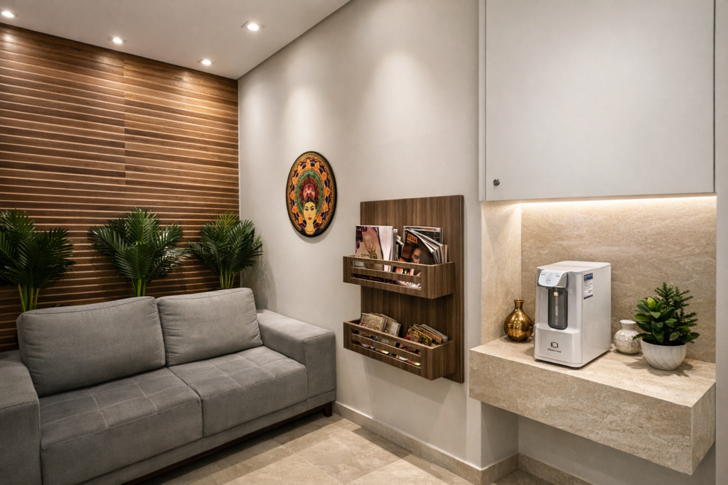 Recepção do Instituto RSI – Clínica de Psicologia em Santos Recepção premium do Instituto RSI em Santos, com sofá cinza, painel ripado de madeira, iluminação embutida e espaço de café para pacientes.