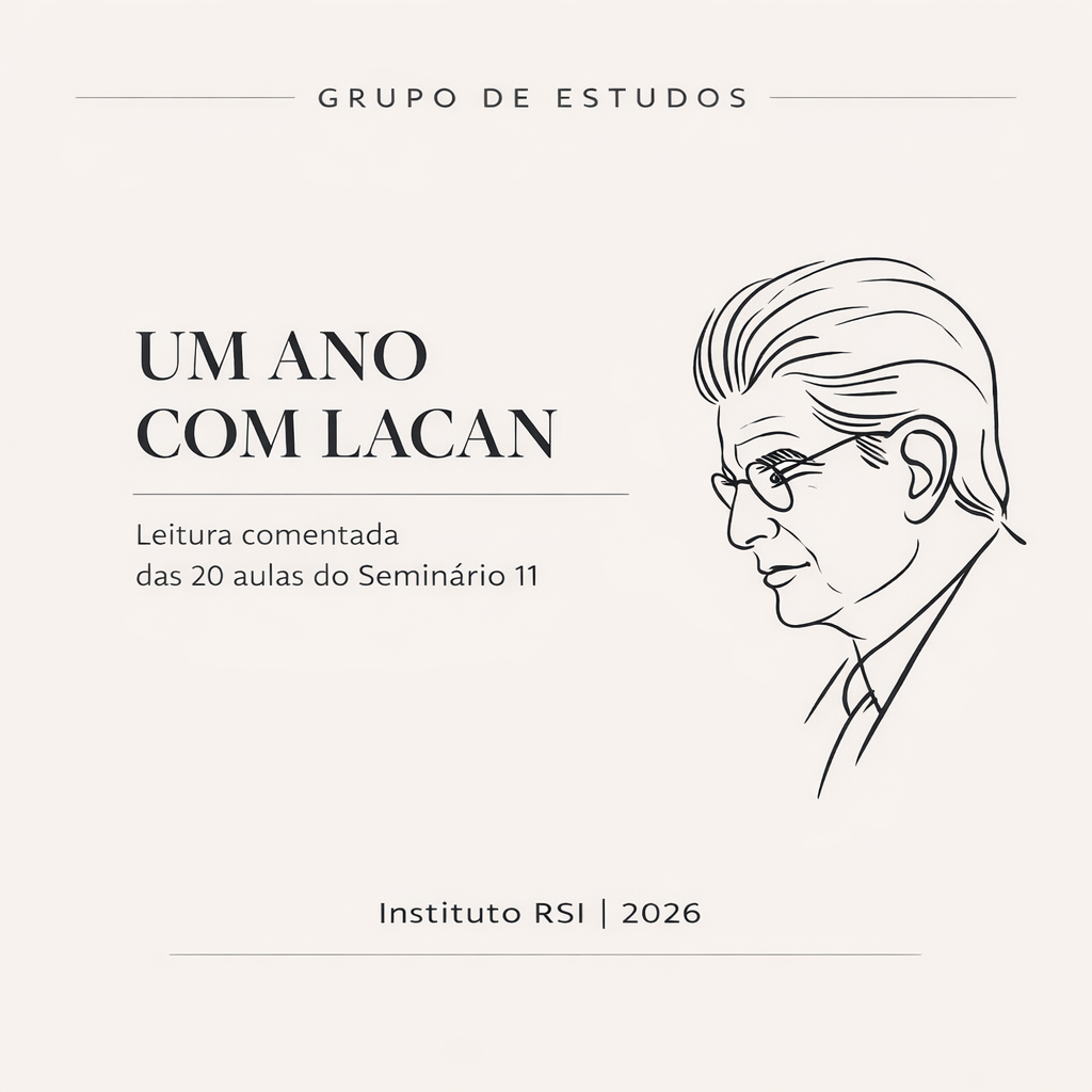 Capa do Grupo de Estudos Um Ano com Lacan com ilustração minimalista de Jacques Lacan e identidade visual do Instituto RSI.