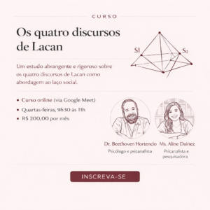 Capa do curso Os Quatro Discursos de Lacan com diagrama dos matemas lacanianos e informações sobre curso online.