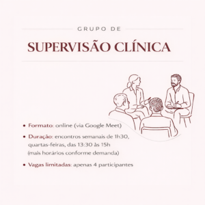 Capa do Grupo de Supervisão Clínica com ilustração minimalista de reunião clínica e informações sobre formato online e vagas limitadas.