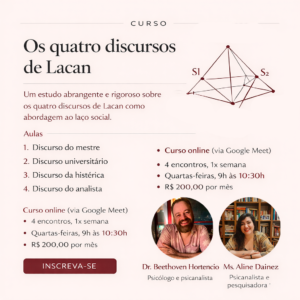 Capa do curso Os Quatro Discursos de Lacan com esquema dos matemas lacanianos e identidade visual do Instituto RSI.